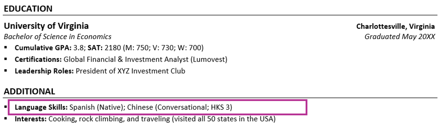 Language Proficiency Level on Resume CV